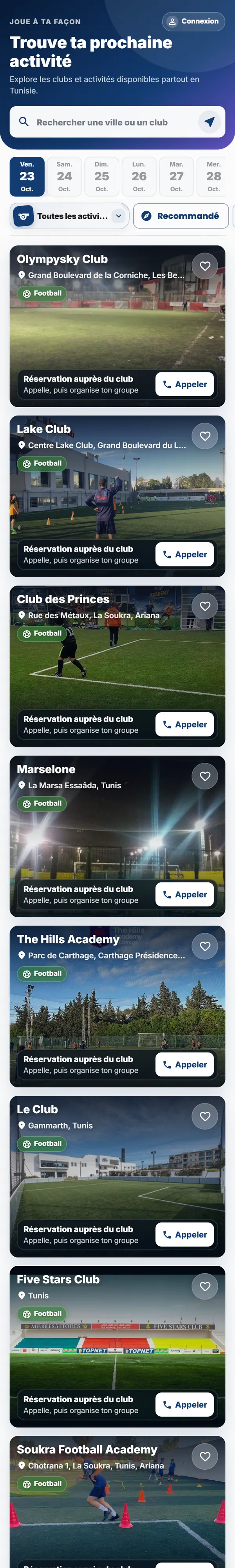 Le fil Découvrir de l'app Rendoo avec les clubs proches